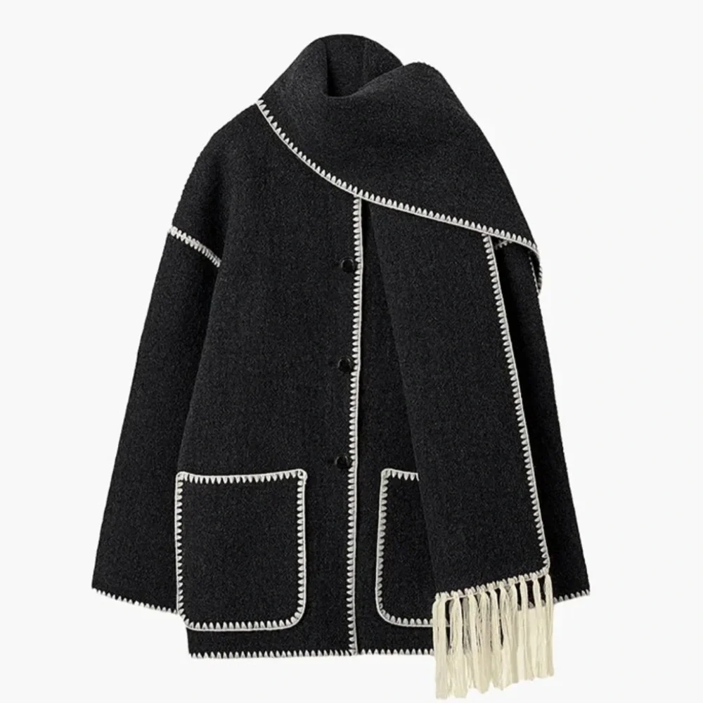 Commense Contrast Trim Jacket With Matching Scarf Black Super Soft Coat Size L - Picture 2 of 8